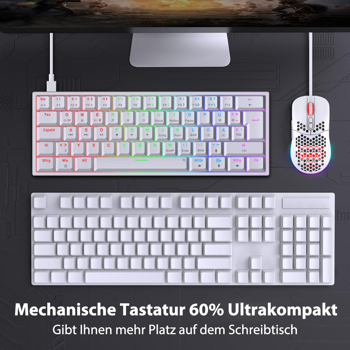 Snpurdiri 60% kabelgebundene mechanische Gaming-Tastatur, 62 Anti-Ghosting-Tasten, Blaue LED-Hintergrundbeleuchtung, ultrakompakte Zwei Stände (Rot Schalter/62 Weiß)