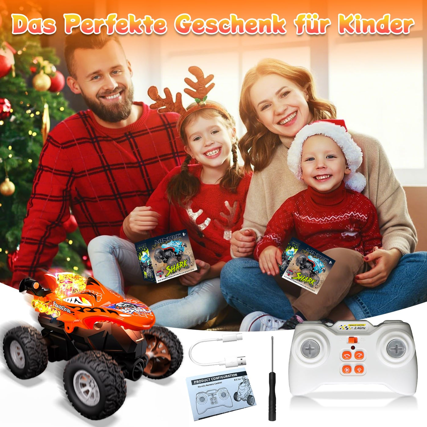 Mini Monstertruck Ferngesteuert, Hai Monster Truck mit Metallgehäuse & Licht, 2.4GHZ Ferngesteuerter Monstertruck mit 360°Drehung, USB-Type-C-Aufladung, 1/64 Ferngesteuertes Auto ab 3 4 5 6 7 8 Jahre