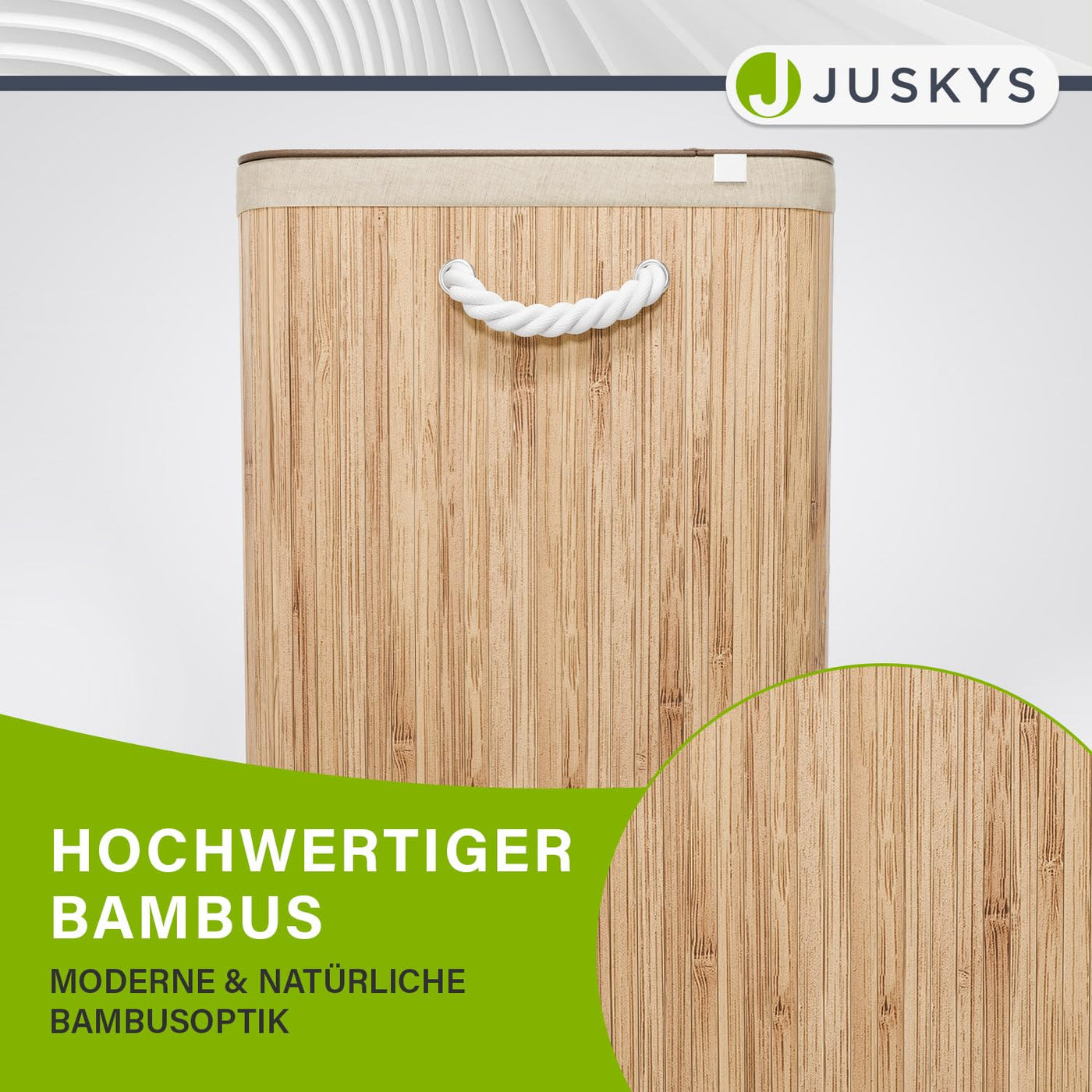 Juskys Bambus Wäschekorb Curly Natur 150L - Hygienischer Wäschekorb mit Deckel, Tragegriff & Wäschesack - 3 Fächer - Natürliche Bambus Optik