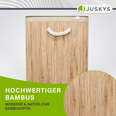 Juskys Bambus Wäschekorb Curly Natur 150L - Hygienischer Wäschekorb mit Deckel, Tragegriff & Wäschesack - 3 Fächer - Natürliche Bambus Optik