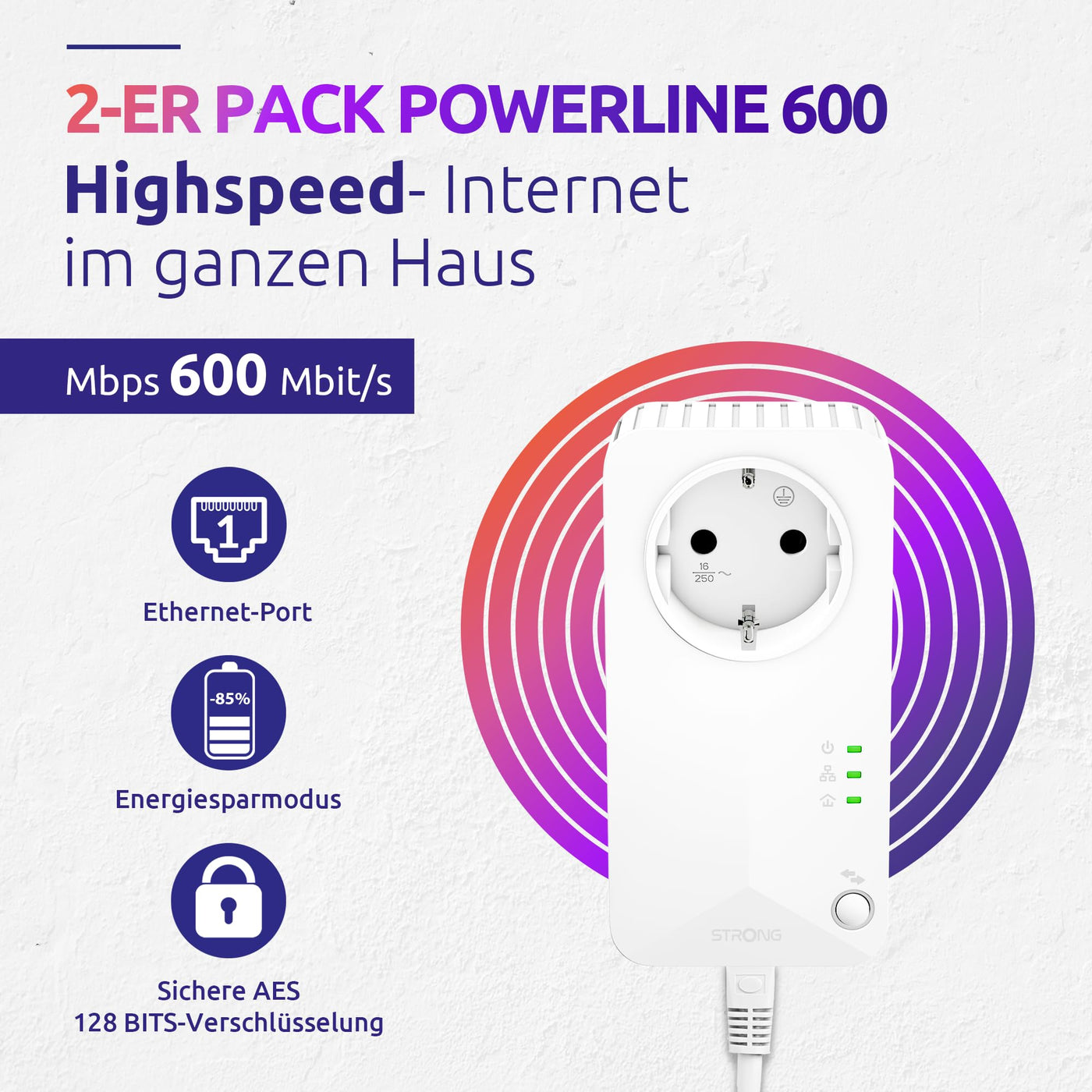 STRONG | Powerline 600 Duo EU Set | 2 Powerline-Adapter 600 Mbps | Fast-Internetzugang | integrierte Steckdose | 300 m Reichweite | Für alle Router | LAN-Anschluss | Easy-Installation | weiß