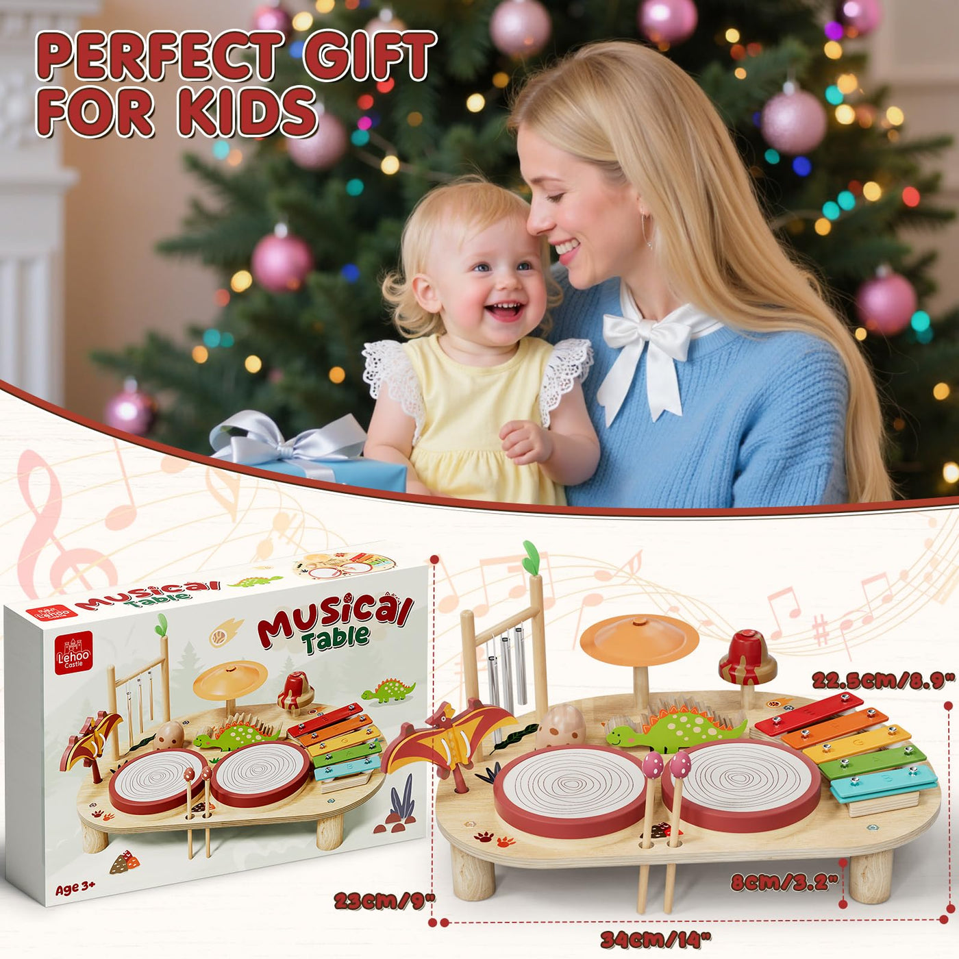 Lehoo Castle Holz Montessori Kinder Schlagzeugset Spielzeug ab 2 3 Jahre, Musikinstrumente für Kinder mit Xylophon Trommel, Musikspielzeug für Babys im Vorschulalter, Lernspielzeug Geschenk