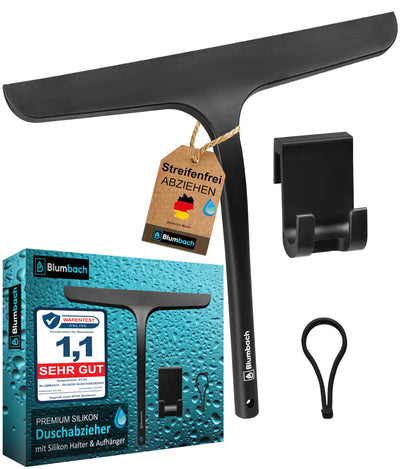 BLUMBACH® Duschabzieher schwarz, Abzieher Dusche mit Halterung 28 cm breit, Fensterabzieher Silikon mit Edelstahl Kern, Dusch Abzieher Wischer, Duschwand Abzieher, Flitsche Dusche, Glasabzieher,
