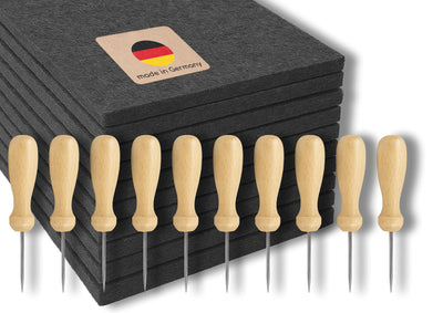 mikiprojekt® 10x Prickel Set Kinder - Made in Germany - 10x ergonomische Prickelnadel Holz + 10x Prickelunterlage Filz (20x15x1 cm) - XXL Prickelset für Gruppen - Vorteilspreis – sicheres Prickeln