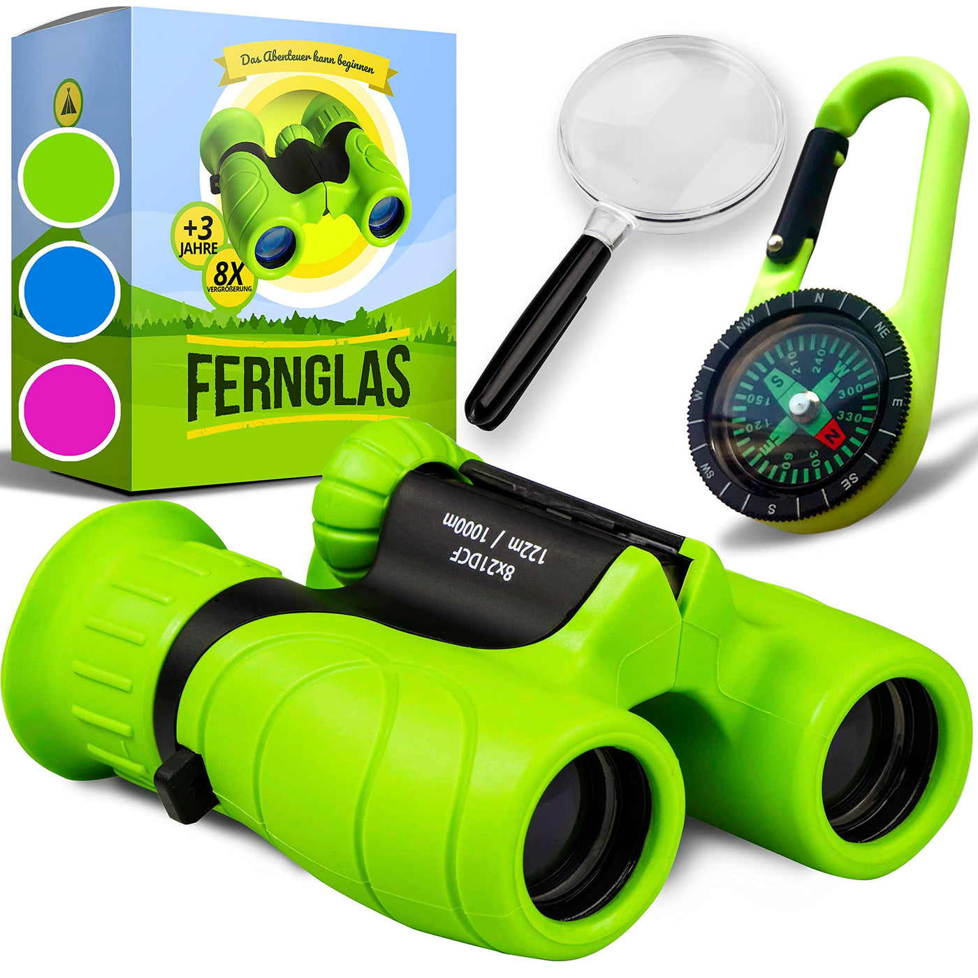 Fernglas für Kinder - Optimales Geschenk für Jungen und Mädchen - Starke Vergrößerung 8X21 – Umfangreiches Set inklusive Lupe & Kompass – Spielzeug für Kinder 3-12 Jahre