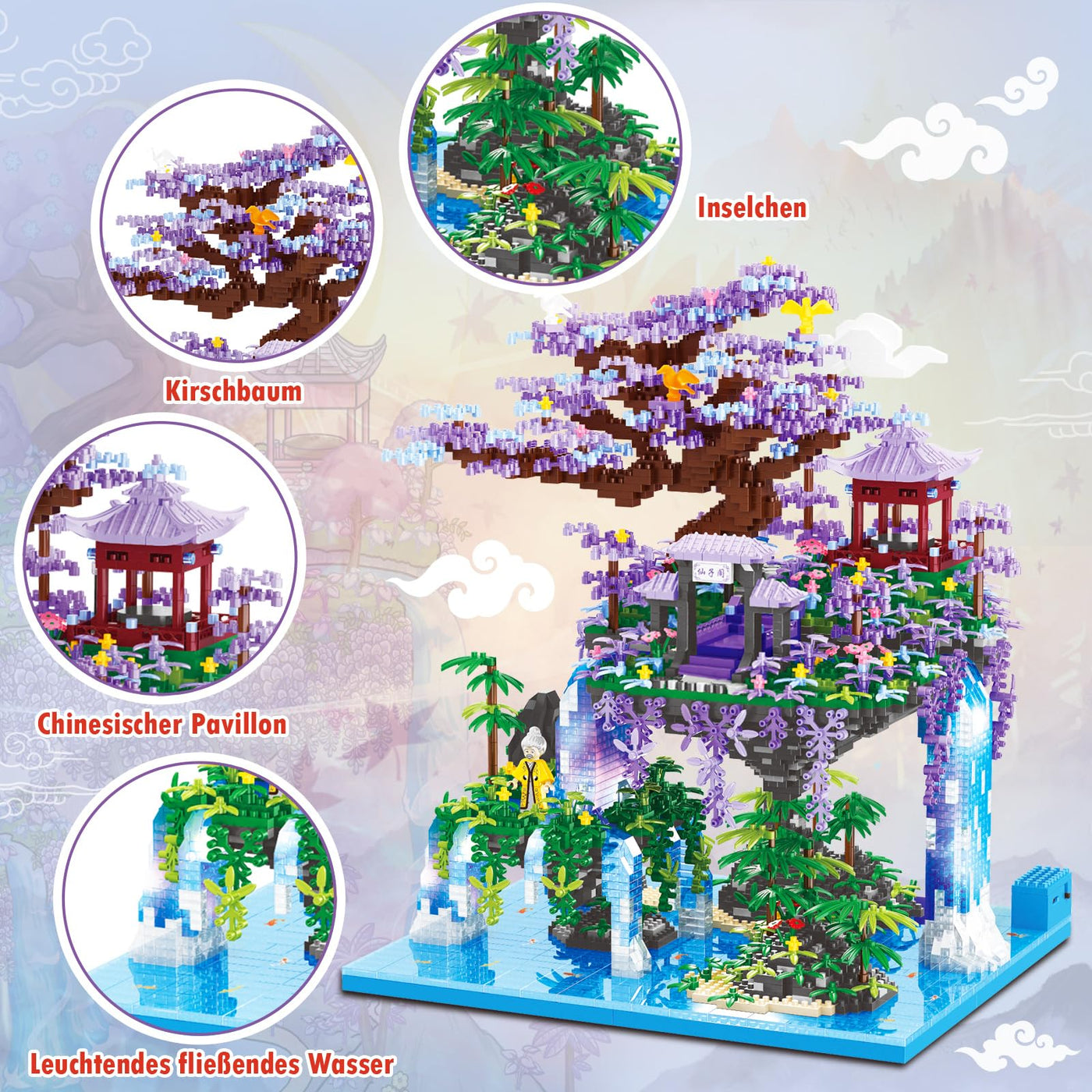 HILKKET Sakura Baumhaus Bauklötze Kit, 4574 Teile Chinesische Architektur Bausteine mit Lichter, Feenpavillon Micro Mini Bausteine, Sakura Baumhaus Lichter Baukasten mit Geschenkbox