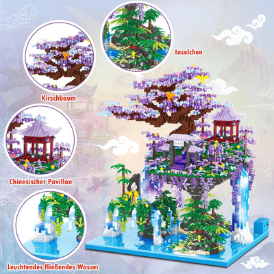 HILKKET Sakura Baumhaus Bauklötze Kit, 4574 Teile Chinesische Architektur Bausteine mit Lichter, Feenpavillon Micro Mini Bausteine, Sakura Baumhaus Lichter Baukasten mit Geschenkbox