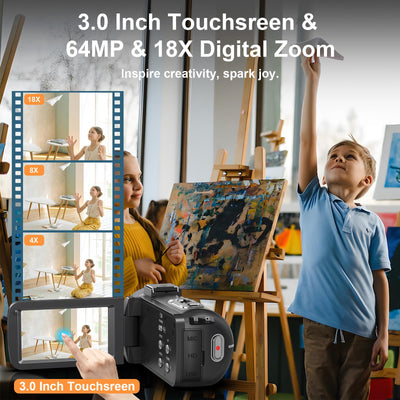 Videokamera 8K Camcorder 64MP WiFi Vlogging Kamera mit IR Nachtsicht für YouTube, 3-Zoll-Touchscreen, 18X Digitalzoom Webcam Camera mit Mikrofon,Stabilisator,Fernbedienung, 64GB SD Karte und 2 Akkus