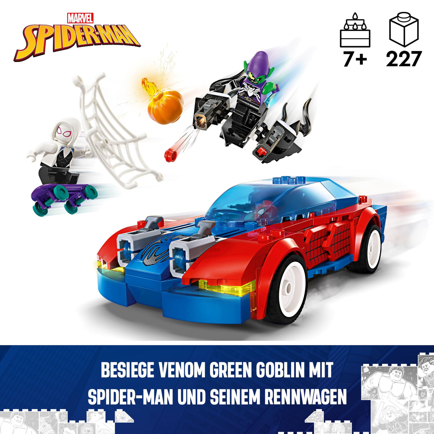 LEGO Marvel Spider-Mans Rennauto & Venom Green Goblin, Spidey-Spielzeug für Rollenspiele mit Superhelden-Figuren und baubarem Auto, Geschenk für Kinder, Jungs und Mädchen ab 7 Jahren 76279