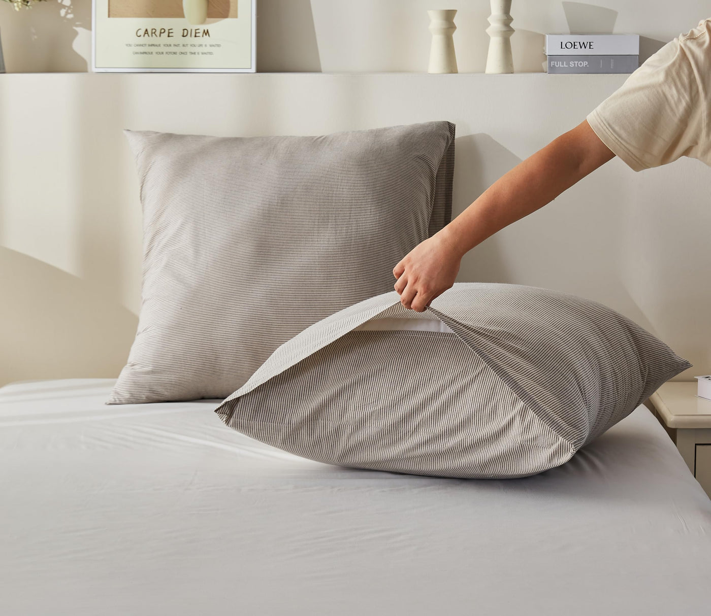 Simple&Opulence Bettwäsche 135x200 Baumwolle Gestreift Muster, 100% Gewaschene Baumwolle Bettbezug Set, Weich, hypoallergen, Enthält 1 Bettbezug 135x200 cm + 1 Kissenbezug 80x80 cm, Dunkelgrau-beige