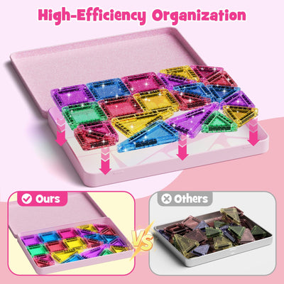 Reise Magnetische Tiles Glitzer Konstruktion Set 42pcs Reisespielzeug für Kinder MINT- Magnetische Fliesen mit Eisenkastenbasis, Magnetische Bausteine Reise Spielzeug Geschenk für 3+ Jahre Mädch