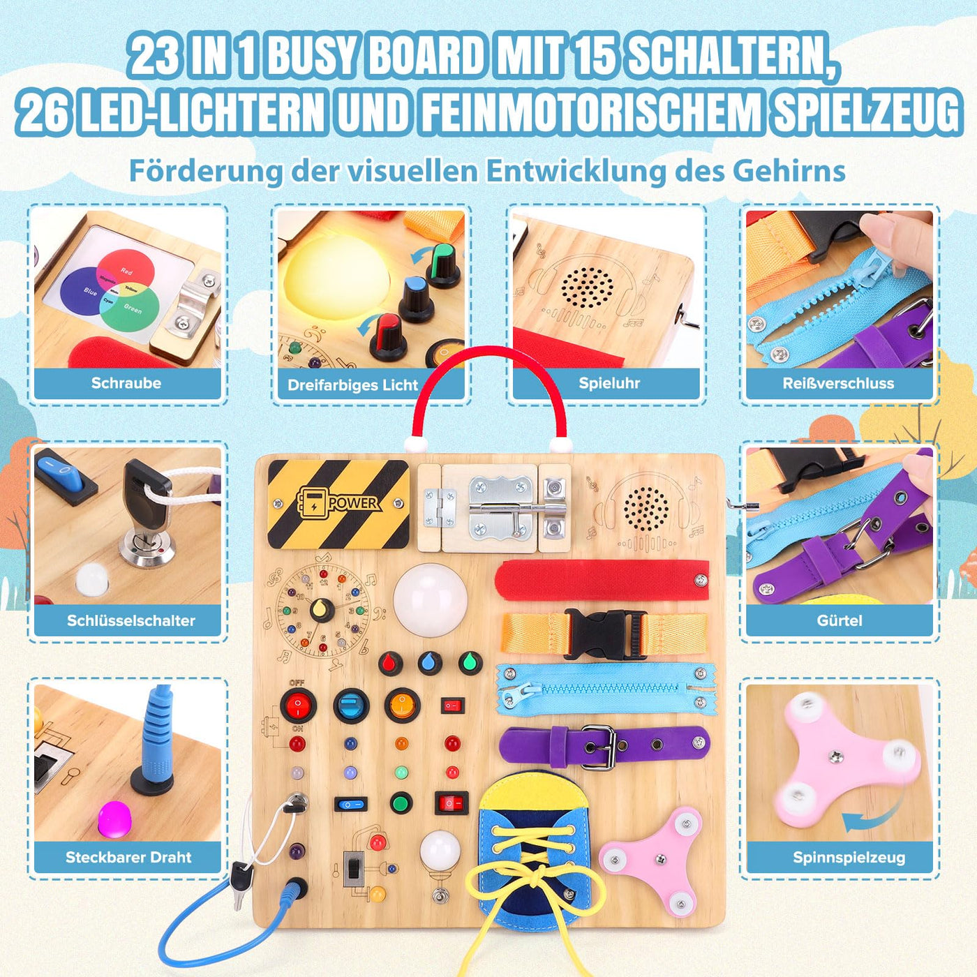 23 in 1 Busy Board Montessori Spielzeug ab 1 jahr Activity Board Spielzeug ab 2 3 jahre Holzspielzeug Sensory Spielzeug mit 15 Schalter,26 LED-Leuchten,Spieluhr,Schloss,Reißverschluss,Schnürsenkeln