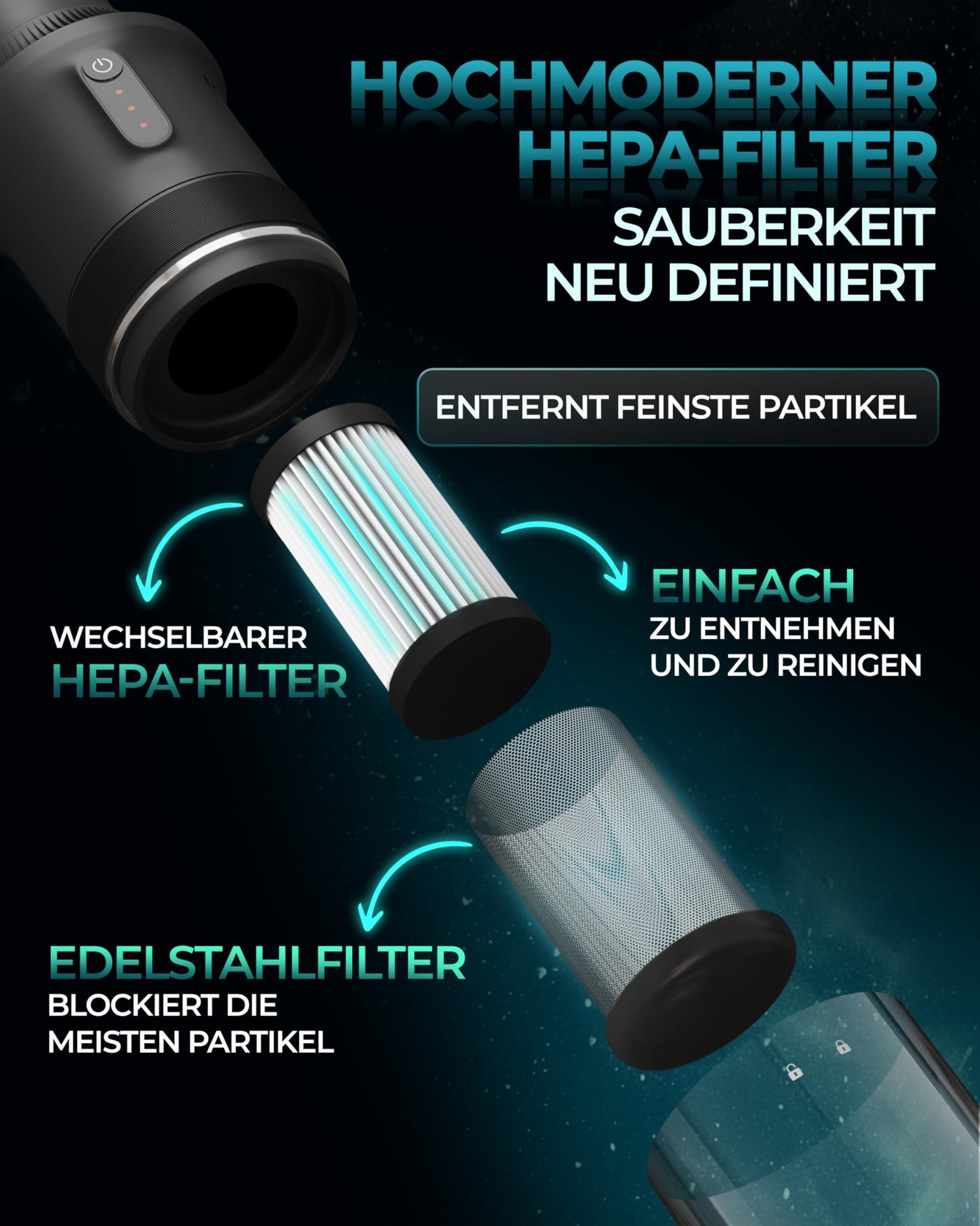 KLAMER Handstaubsauger, 140W Akku Handstaubsauger, Leistungsstark mit 16.000 PA und 36 min Laufzeit, Kabelloser Handstaubsauger inkl. Ladestation für Büro, Haus & Auto, beutellos