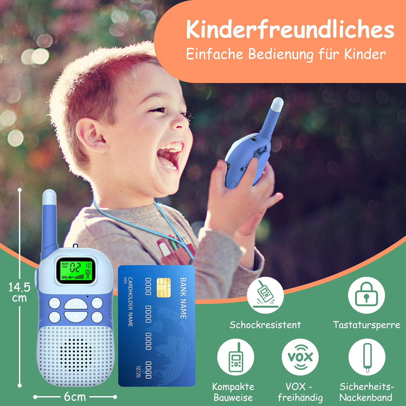 Kidsfun Walkie Talkie Kinder, USB Wiederaufladbar Draußen Spielzeug Walki Talki mit Taschenlampe, Geschenk für Junge und Mädchen ab 3-12 Jahre, 3 Meilen Reichweite für Einkaufen, Freien, Camping