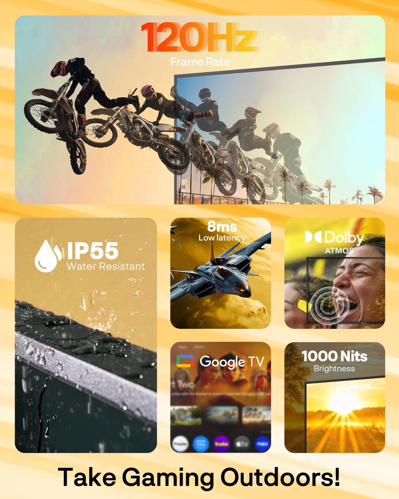 SYLVOX 65" Outdoor Fernseher, 120Hz| 4K Ultra HD | HDR 10 | Dolby Atmos | Google Outdoor TV, WiFi 5G & HDMI 2.1 Wetterfest und IP55 Wasserdicht TV, 1000 Nits Smart Fernseher für Gaming (Modell 2025)