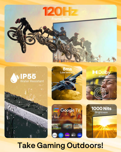 SYLVOX 65" Outdoor Fernseher, 120Hz| 4K Ultra HD | HDR 10 | Dolby Atmos | Google Outdoor TV, WiFi 5G & HDMI 2.1 Wetterfest und IP55 Wasserdicht TV, 1000 Nits Smart Fernseher für Gaming (Modell 2025)