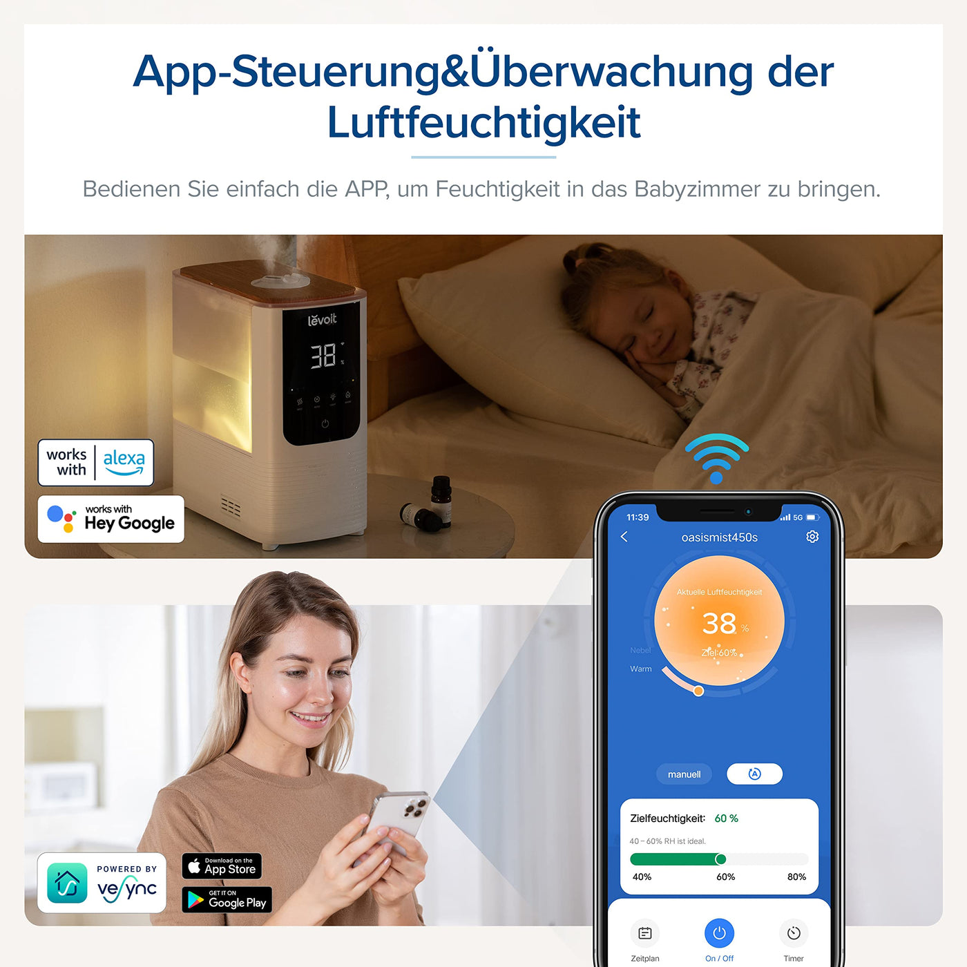 LEVOIT Smart Luftbefeuchter, Warm-/Kalter Nebel max 550 ml/h, 4,5L Humidifier bis 40㎡ 45H, 26dB Aroma Raumbefeuchter mit Nachtlicht für Schlafzimmer Kinderzimmer und Pflanzen, Exklusiv bei Amazon,Weiß