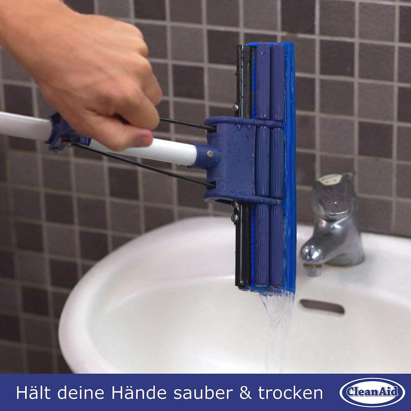 CleanAid OneTouch Easy Wischmopp, Bodenwischer, Wischer - besonders saugstark - PVA Schwamm und Teleskopstiel - Wischmopp mit Auswringfunktion, Tierhaarentferner, Schwamm, Bodenreinigung