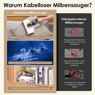 VersLife M6 Kabelloser Milbensauger für Matratzen, 18Kpa Matratzenreiniger mit 253.7nm UV-C Licht & 80000 Vibration, HEPA-Filter Milbenstaubsauger, Handstaubsauger