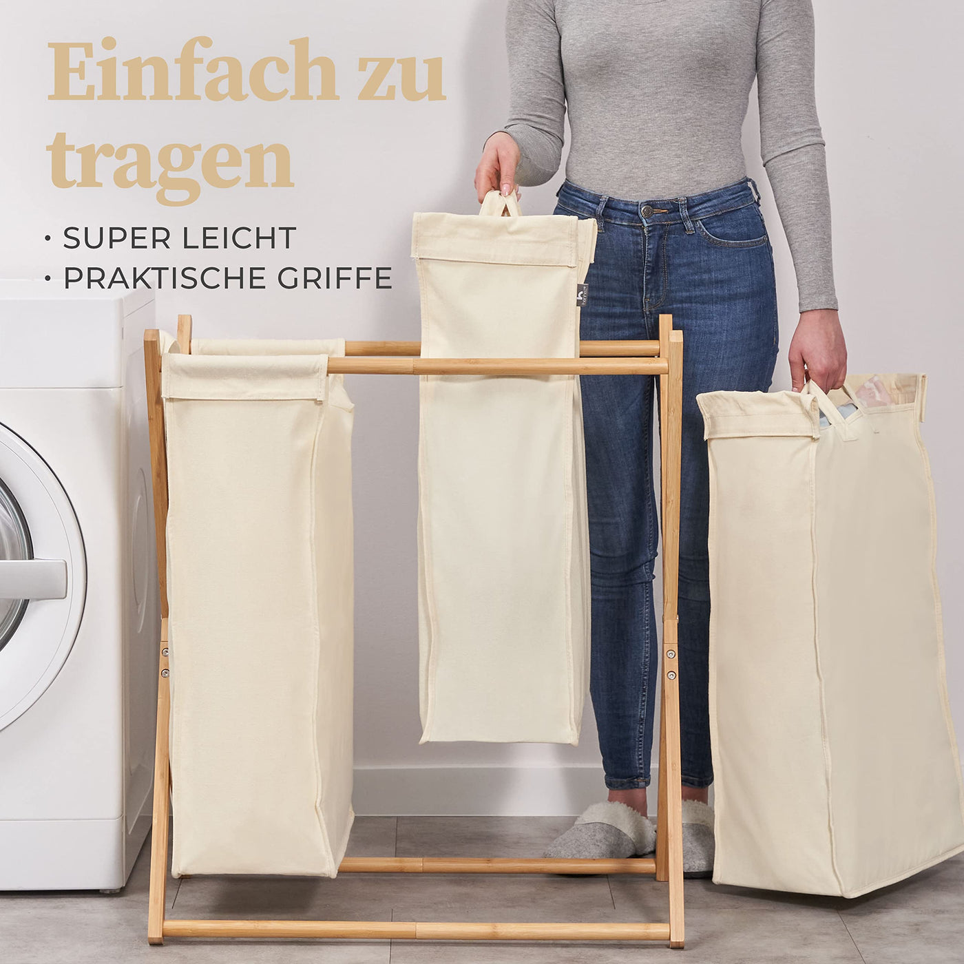 Hennez Wäschesammler XXL - Wäschekorb 3 Fächer - Wäschesortierer Wäschebox - Holz - Wäschetrenner Beige - Wäsche Sortiersystem Bambus - Wäschkorb - Laundry Basket