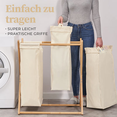 Hennez Wäschesammler XXL - Wäschekorb 3 Fächer - Wäschesortierer Wäschebox - Holz - Wäschetrenner Beige - Wäsche Sortiersystem Bambus - Wäschkorb - Laundry Basket