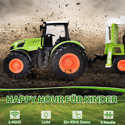 BuzzoXerex Ferngesteuerter Traktor Ferngesteuert, 1:16 RC Traktor mit Anhänger und Licht, 2.4 GHz Traktor Spielzeug mit Baumstämme, Kuh und Heuballen, Geschenk für Kinder ab 3 4 5 6 Jahre