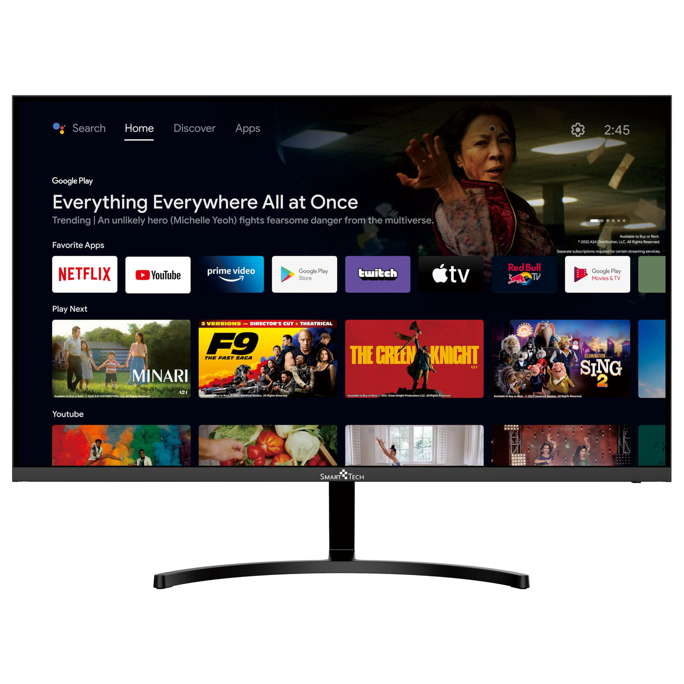 SMART TECH Smart Monitor 24 Zoll (60cm), FHD Monitor Android (Bluetooth, Monitor mit Lautsprechern, rahmenloses, Netflix, YouTube, Prime Video, Google Play, DAZN, Disney+) Klein mit WLAN