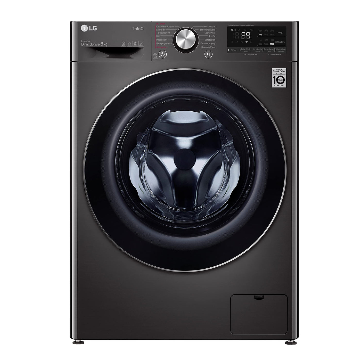 LG F4WV708P2BA, Klasse A, Frontlader-Waschmaschine 8 kg, Wi-Fi, AI Direct Drive, Tiefenreinigung mit Dampf, TurboWash 360°, TRIPLE A, Außentür aus gehärtetem Glas, 60x62x85 cm ꟷ Metallic Black Steel