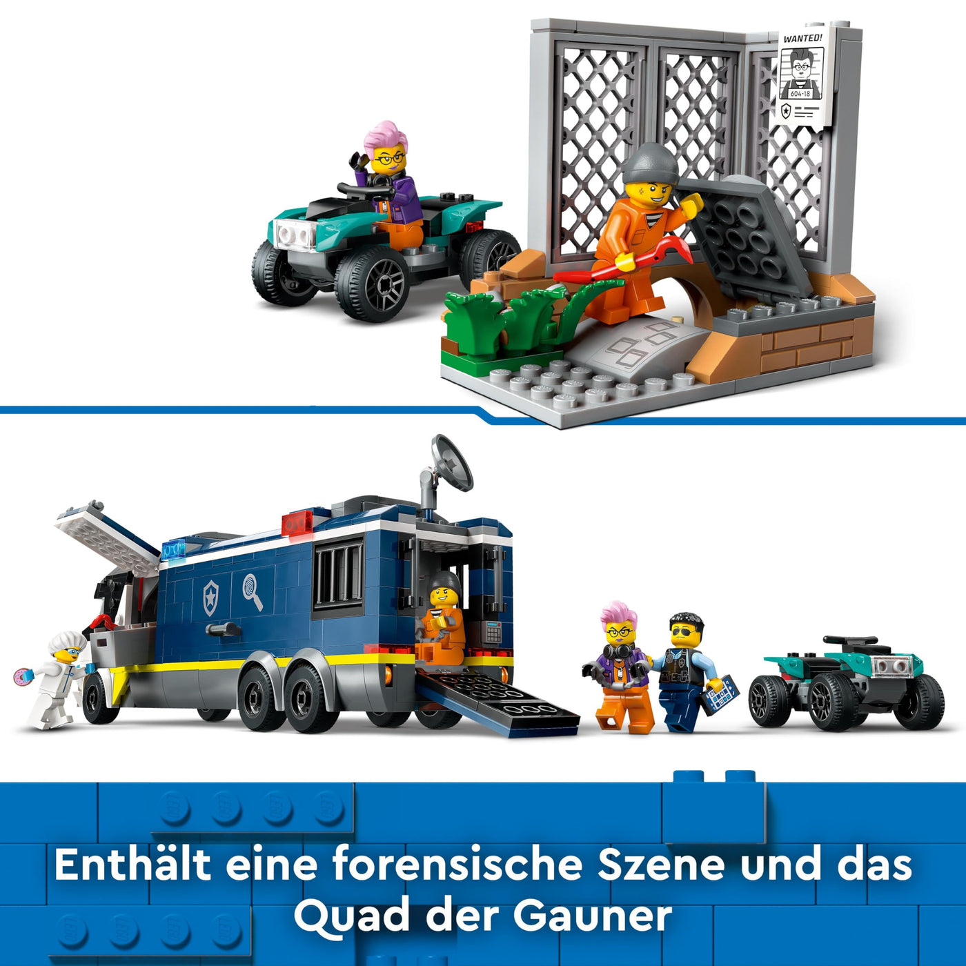 LEGO City Polizeitruck mit Labor, Polizei-Set mit Quad und LKW-Spielzeug für Kinder, Geschenk für Jungs und Mädchen ab 7 Jahre, plus 5 Minifiguren – 2 Polizisten, 1 Wissenschaftler und 2 Ganoven 60418