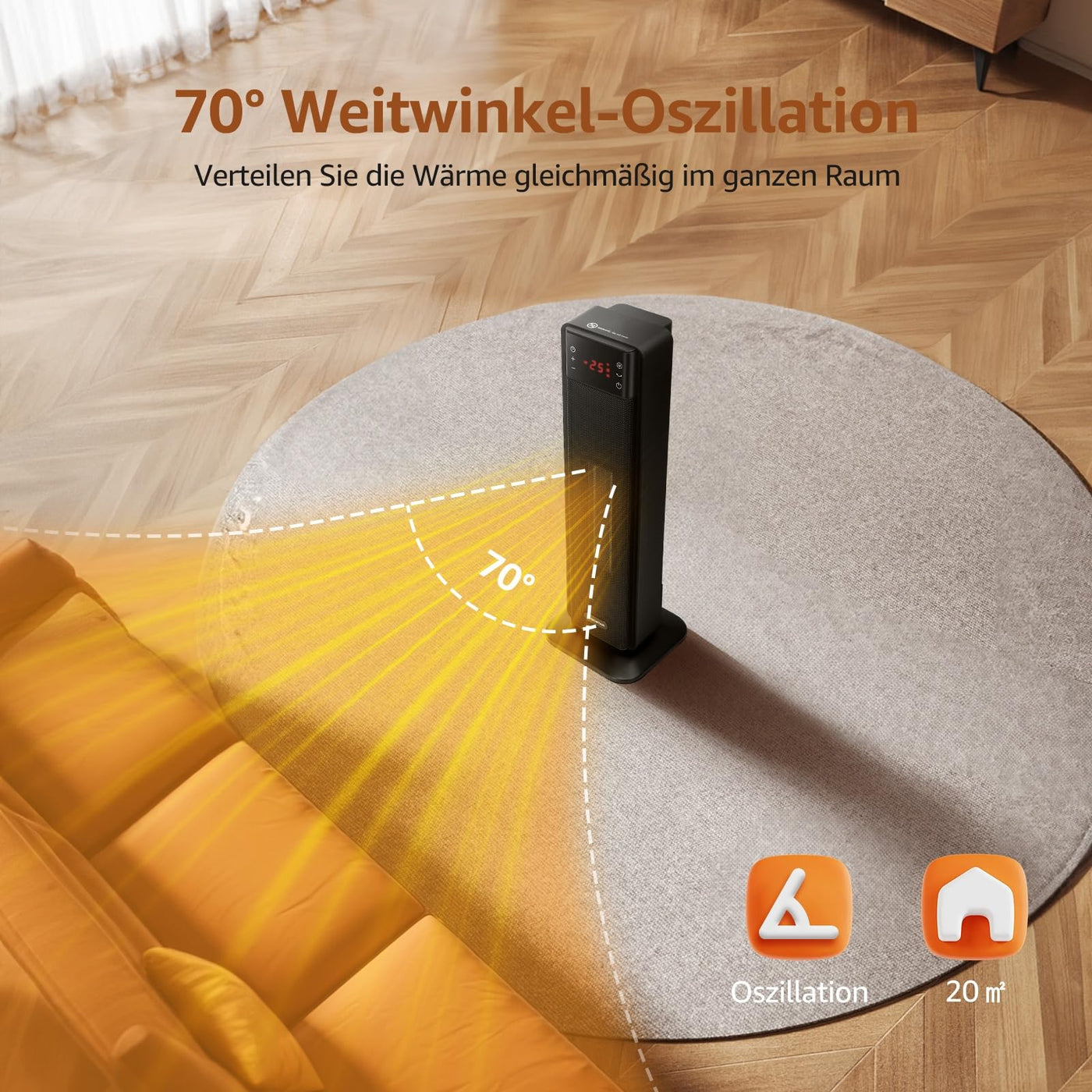 Aigostar Energiesparend Heizlüfter mit Thermostat Heizung, 2000W PTC Keramik Heizlüfter mit Fernbedienung, 70° Oszillation, 4 Modi, 24H Timer, LED-Anzeige, Überhitzungs- & Kippschutz, Schwarz