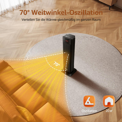Aigostar Energiesparend Heizlüfter mit Thermostat Heizung, 2000W PTC Keramik Heizlüfter mit Fernbedienung, 70° Oszillation, 4 Modi, 24H Timer, LED-Anzeige, Überhitzungs- & Kippschutz, Schwarz