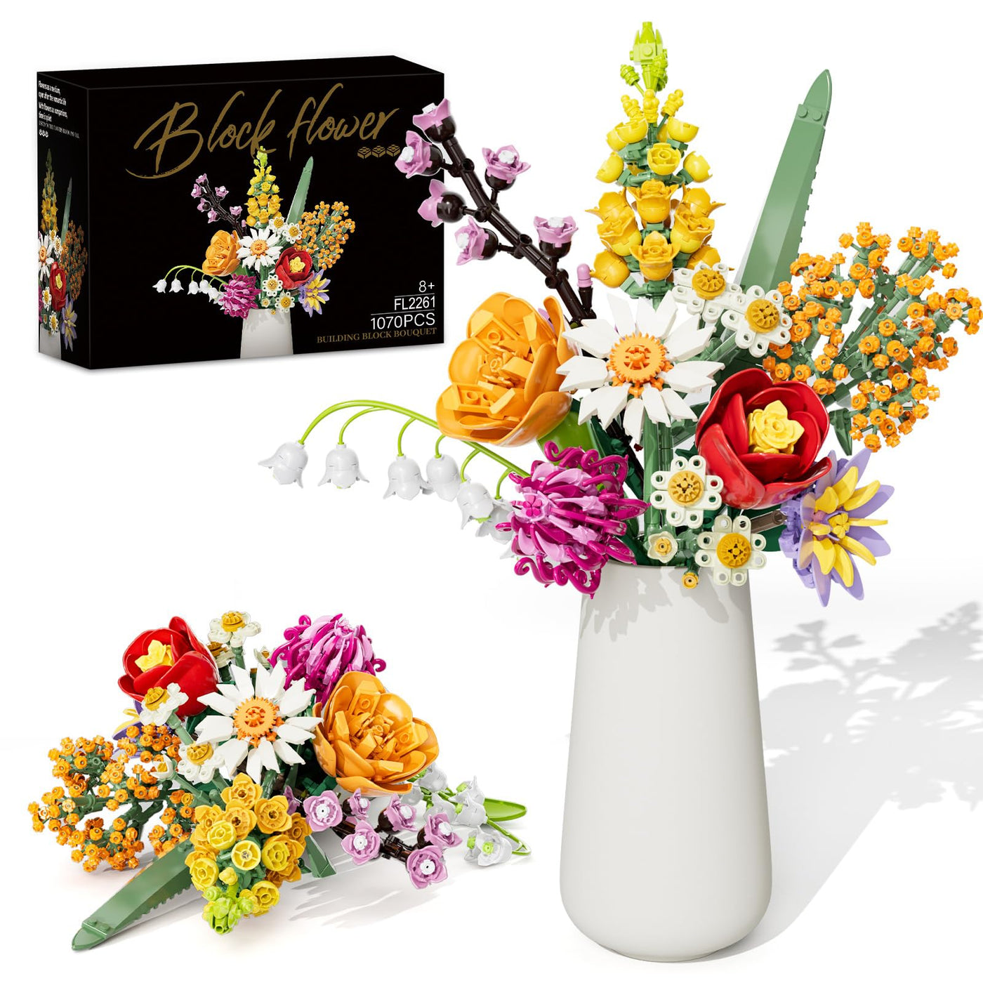 Blumen Bausteine Set für Erwachsene, 1070 Stück Blumenstrauß, künstliche Blume Bauklötze Bausatz Spielzeug für Frauen Mädchen, Home Deko Geschenk für Geburtstag, Muttertag, Weihnachten (keine Vase)