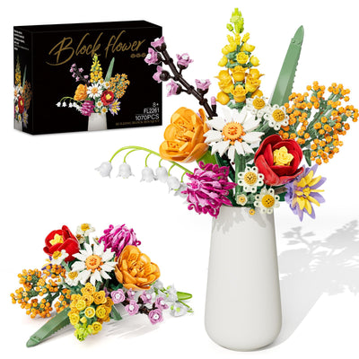 Blumen Bausteine Set für Erwachsene, 1070 Stück Blumenstrauß, künstliche Blume Bauklötze Bausatz Spielzeug für Frauen Mädchen, Home Deko Geschenk für Geburtstag, Muttertag, Weihnachten (keine Vase)