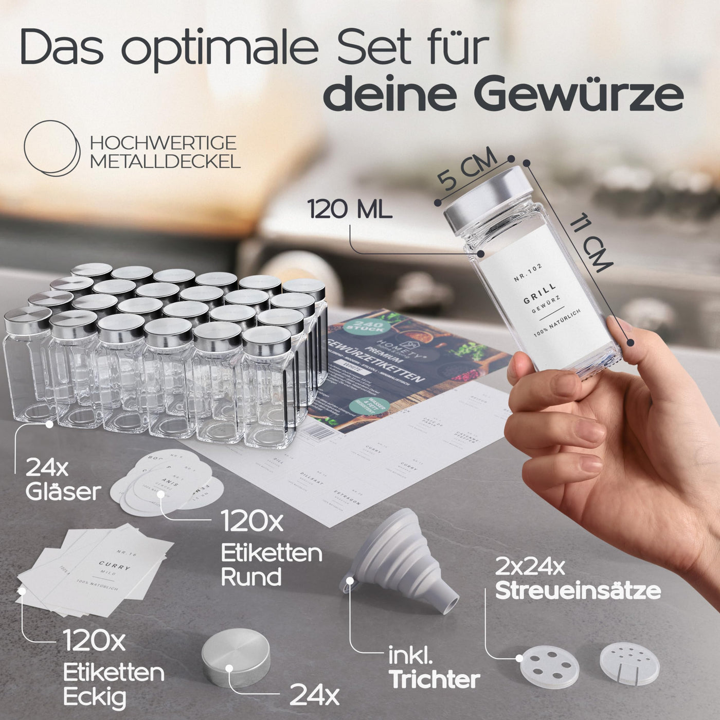 Homety Gewürzgläser Eckig - Set Edelstahl Deckel (24 Stück) - Gewürzbehälter 240 Etiketten - Gewürzdosen zur Gewürze aufbewahrung [120 ml] - Weiß