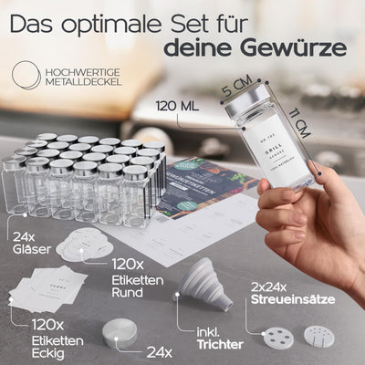 Homety Gewürzgläser Eckig - Set Edelstahl Deckel (24 Stück) - Gewürzbehälter 240 Etiketten - Gewürzdosen zur Gewürze aufbewahrung [120 ml] - Weiß