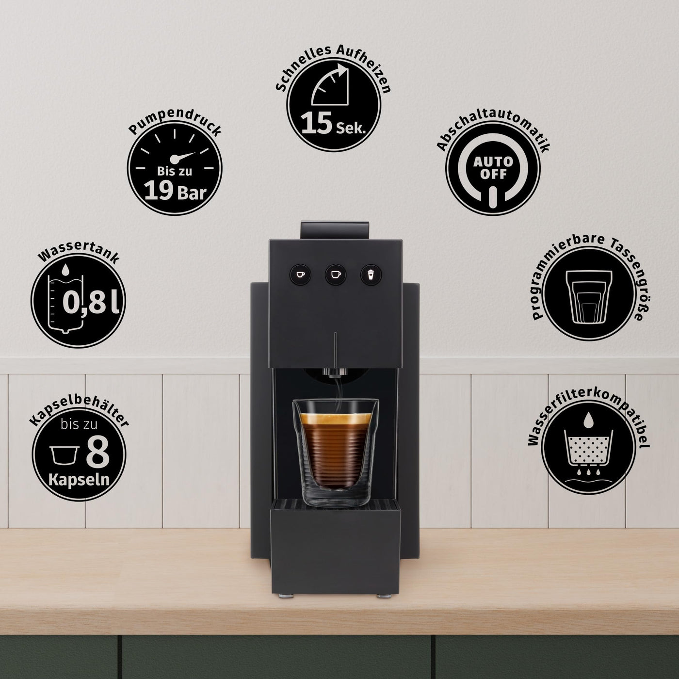 K-fee SQUARE Kapselmaschine für Kaffee, Tee & Kakao | kompakte Kaffeemaschine | schnelles Aufheizen | 0,8 L Wassertank | 19 Bar | Piano Black