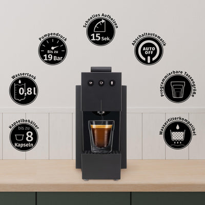 K-fee SQUARE Kapselmaschine für Kaffee, Tee & Kakao | kompakte Kaffeemaschine | schnelles Aufheizen | 0,8 L Wassertank | 19 Bar | Piano Black