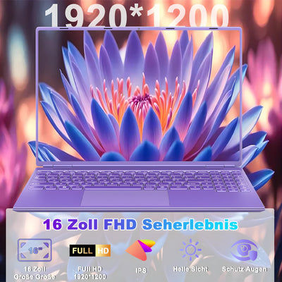 2025 Gaming Laptop 16 Zoll Win11 12+512GB SSD Unterstützung 2TB(HDD-2TB) 1920x1200 Notebook 4-Core Celeron N5095 (bis 2.9GHz) Laptop mit Nummerntastatur WiFi Mini HDMI Deutscher Tastaturschutz-Lila