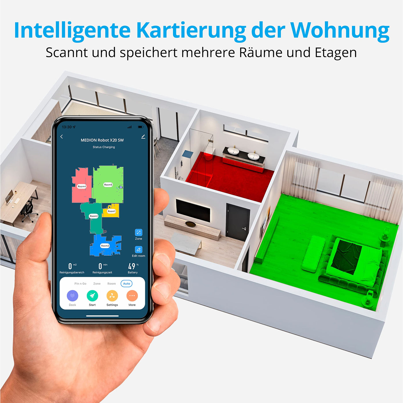 MEDION Saugroboter mit Absaugstation und Wischfunktion X20 SW+ (Lasernavigation, Starke 3000Pa Saugkraft, 2in1 Roboterstaubsauger, präzise Kartenerstellung, Go & No Go Bereiche, mehrere Etagen)