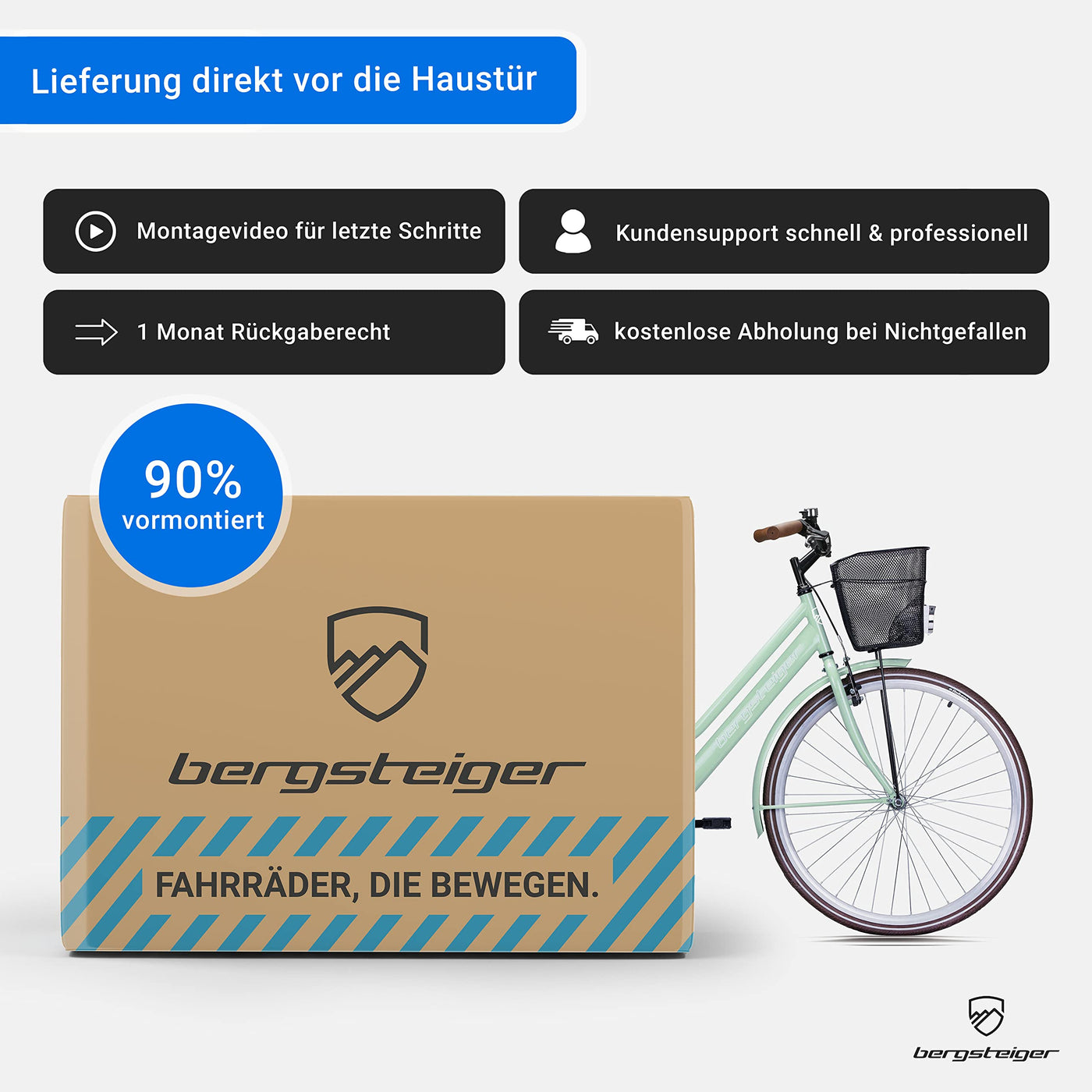 Bergsteiger Amsterdam 26 Zoll, 28 Zoll Damenfahrrad, ab 150 cm, Korb, Fahrrad-Licht, Damen-Citybike mit Rücktrittbremse, Hollandrad im Retro-Design