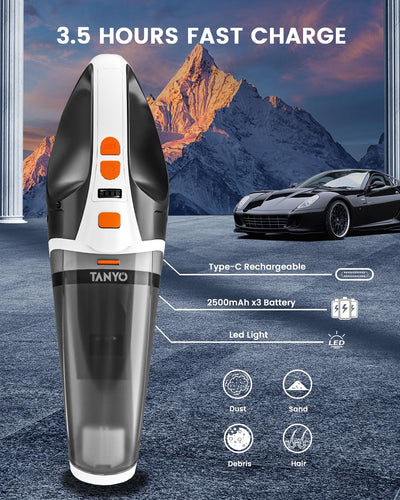 TANYO Handstaubsauger Akku 5 In 1, 15000Pa/10000Pa 2 Drehzahl Auto Staubsauger Stark mit LED Licht, Nass/Trocken Tragbarer Handstaubsauger Kabellos für den Auto, Haus, Küche, Tierhaare(Weiß Orange)