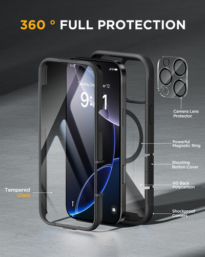 Miracase 360 Grad für iPhone 16 Pro Max Hülle mit Magsafe, Eingebaut Glas Schutzfolie, Komplettschutz HandyHülle Magnetisch Stoßfest Case für iPhone 16 ProMax Schutzhüllen 6,9 Zoll, Schwarz