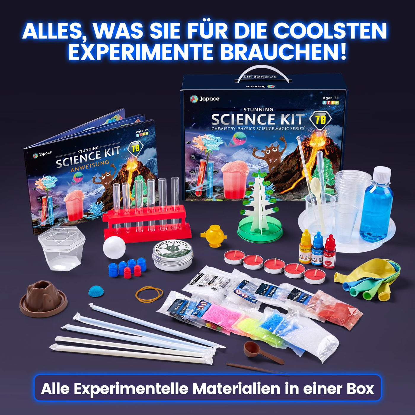 Japace 70 Experimente für Kinder, Wissenschaft Experimentierkasten Labor STEM Spielzeug 4-6-8-10-12 Jahre Geschenke für Jungen Mädchen, Chemie-Set, Kristalle Züchten, Vulkan, Gummiball
