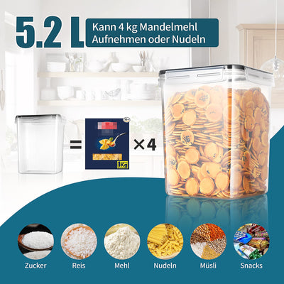 Surejoy 5,2L Groß Vorratsdosen mit Deckel Luftdicht 4er Set mit Kreidemarker und Etiketten, BPA Frei Plastik Aufbewahrungsbox Küche, Zucker Pasta Mehl Müsli Cornflakes Aufbewahrung Vorratsbehälter