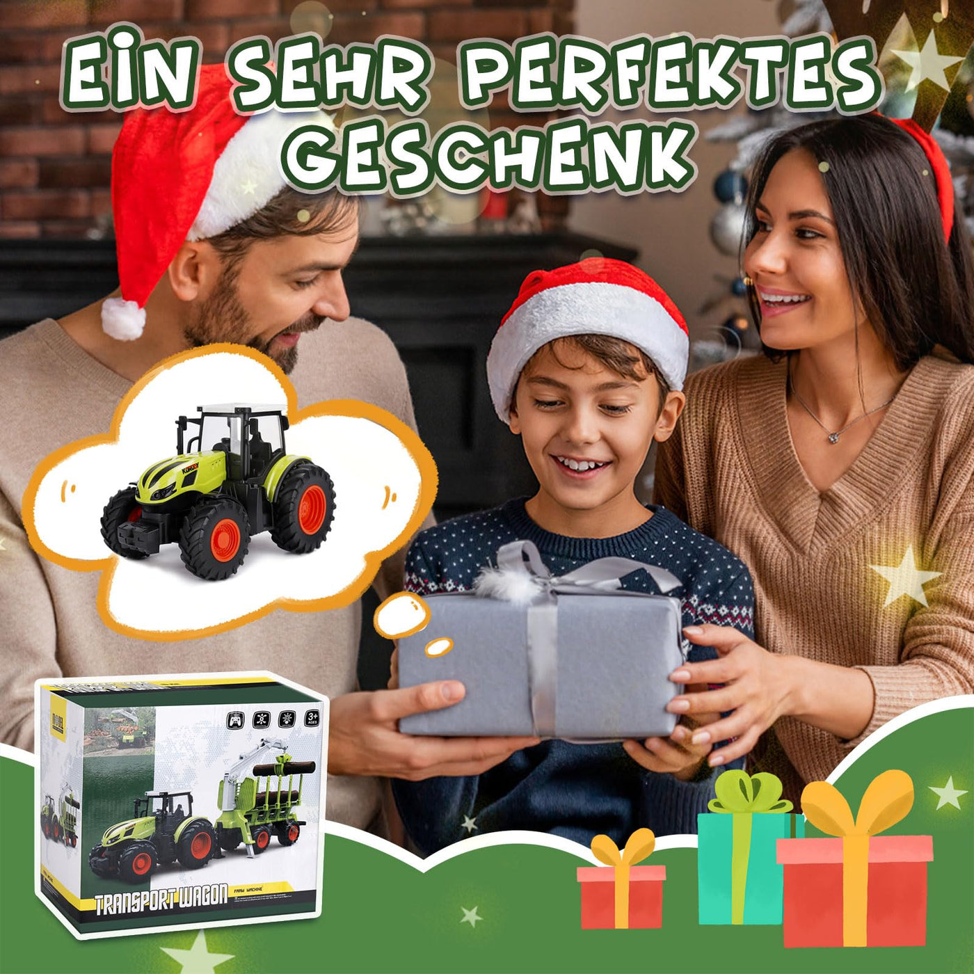 IEEILULU Ferngesteuerter Traktor Ferngesteuert, RC Traktor Spielzeug, 2.4 Ghz, 1:24, Traktor mit Anhänger, Holzgreifer, Frontlader und 4 Baumstämmen, Holztransporter Spielzeug ab 3 4 5 6 Jahre