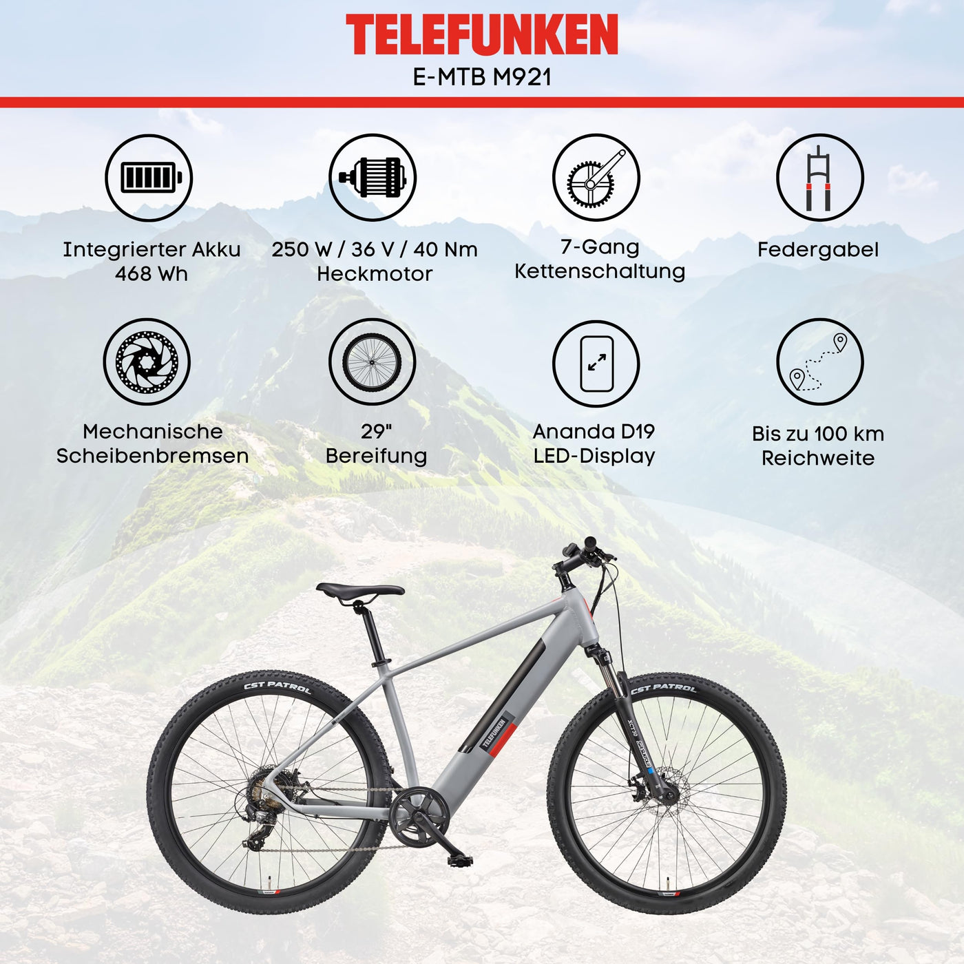 TELEFUNKEN MTB E-Bike Herren 29 Zoll, Elektrofahrrad Hinterradmotor, 7-Gang Kettenschaltung, Scheibenbremsen - Pedelec Mountainbike
