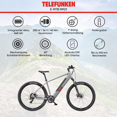 TELEFUNKEN MTB E-Bike Herren 29 Zoll, Elektrofahrrad Hinterradmotor, 7-Gang Kettenschaltung, Scheibenbremsen - Pedelec Mountainbike