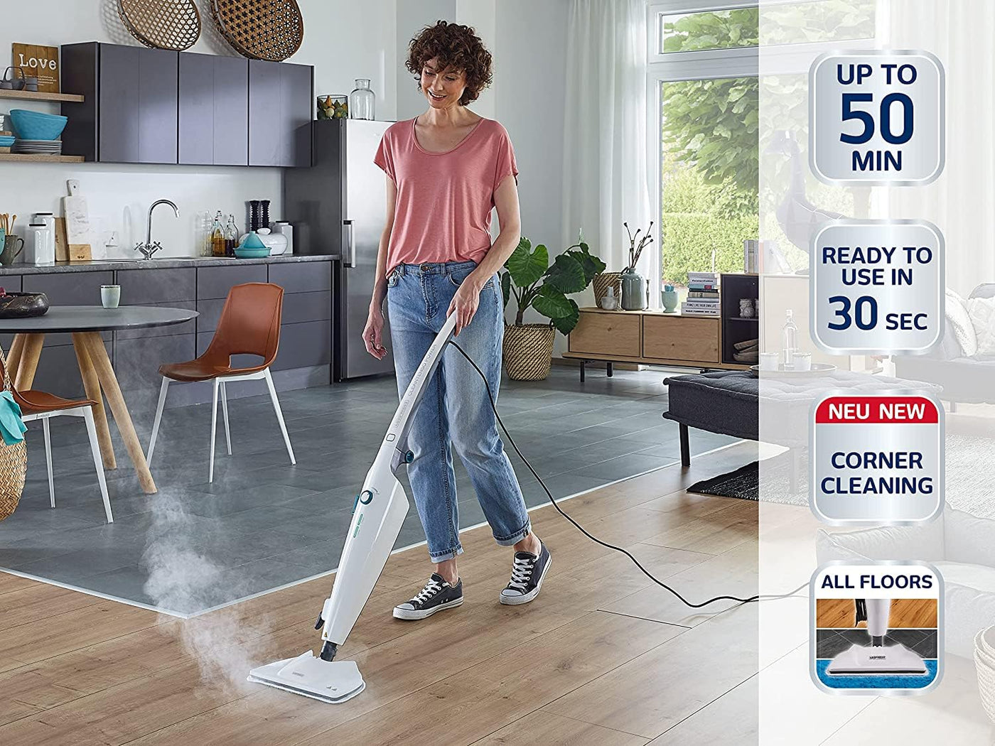 Leifheit Dampfreiniger CleanTenso Power 2.0 mit heißem Wasserdampf gegen Bakterien, Dampfmop mit kurzer Aufheizzeit und 50min Wischdauer, Dampfbesen für Eckenreinigung, Dampfwischer in modernem Design