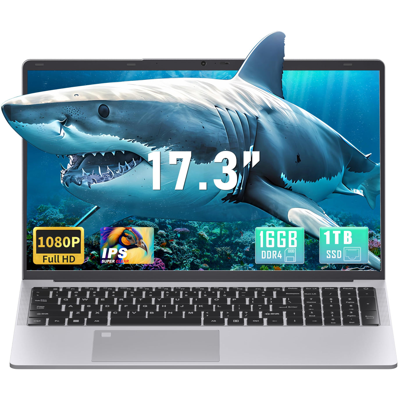 17,3 Zoll Laptop Computer, 16GB RAM, 1TB NVMe SSD, Quad-Core Celeron N5095 CPU(bis 2,9 GHz), FHD IPS Display, Fingerprint Sensor, beleuchtete Tastatur, HDMI, WiFi, BT, 3X USB 3.0, Silber Notebook