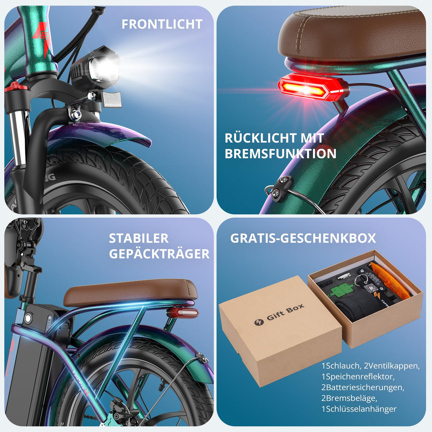 2025 Ebike F20 Pro+ Fatbike Faltrad 20 Zoll mit 36V 22.5AH Akku Damen Ebike Herren 250W, Erwachsene Fatbike Elektromobilrad 140kg, E Mountainbike 20°, Ebike 25km/ (Hecktasche, Buntes Grün)